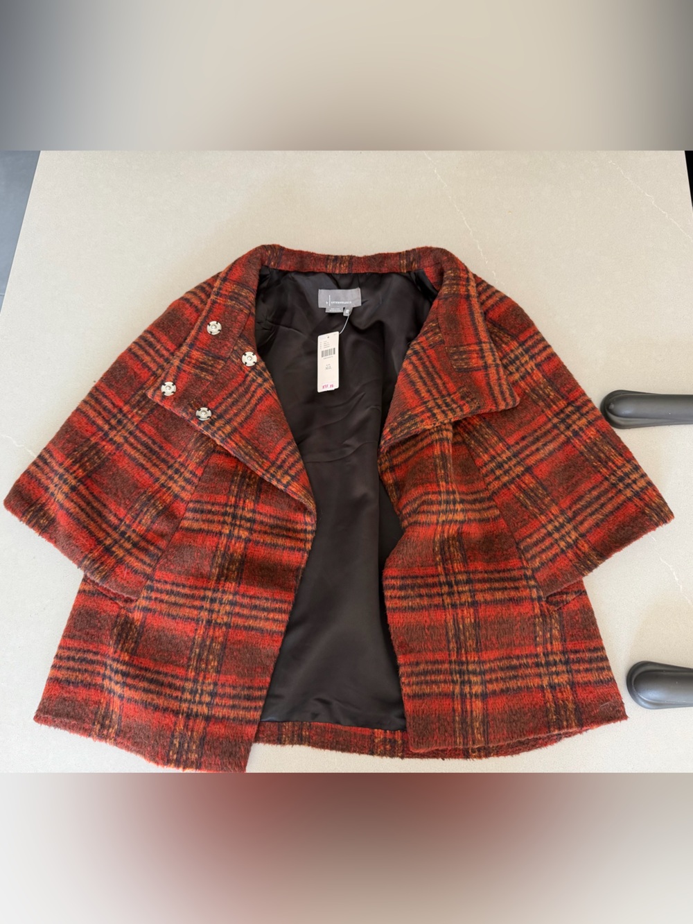 Anthropologie Red Plaid Pea Coat